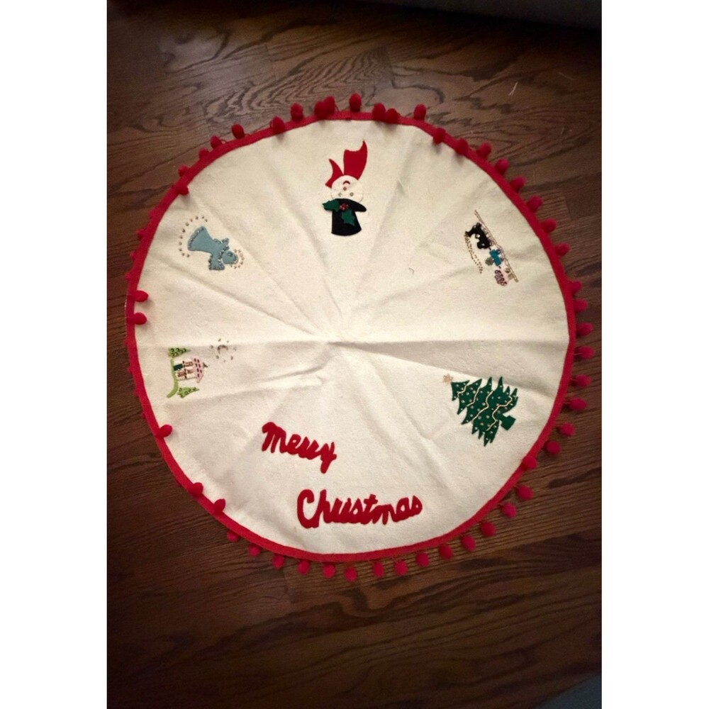 Vintage Felt Sequin Christmas Tree Skirt Small 27” Merry Christmas Pom Poms